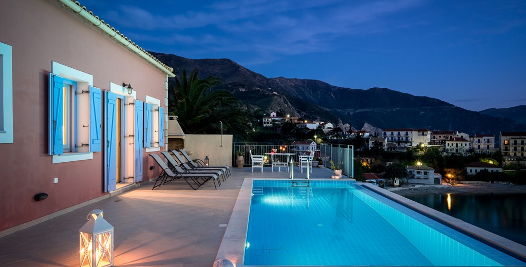 Mood lighting and view of the mountains ready for an evening swim outside Villa Panorama, Assos, Kefalonia