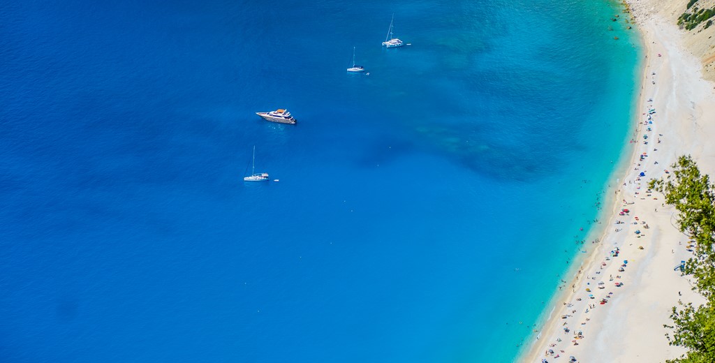 Myrtos bay and beach with crystal clear blue sea