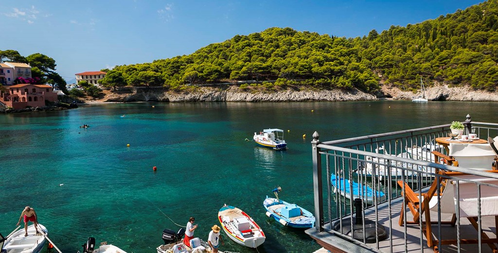 Step out of Thalassa House right onto the waterfront at Assos, Kefalonia, Greek Islands