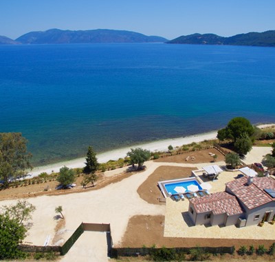 Aerial photo of the whole Villa Frydi and looking out to sea from Karavomilos, Kefalonia, Greek Islands