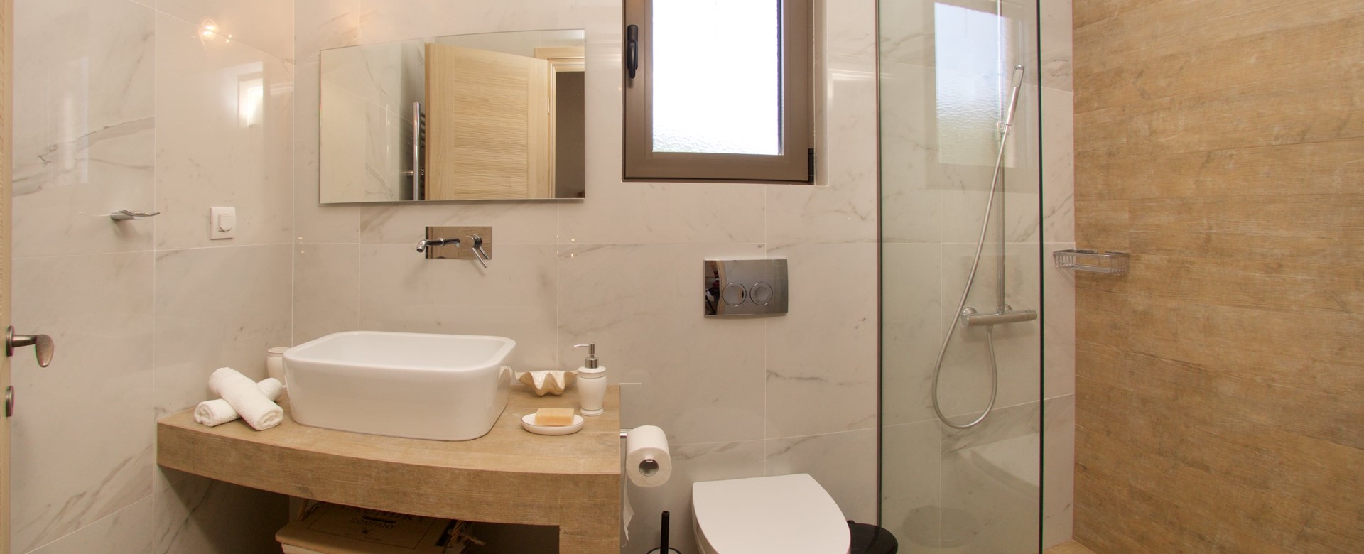 Bathroom with shower and basin inside Villa Frydi, Karavomilos, Kefalonia, Greek Islands (1)