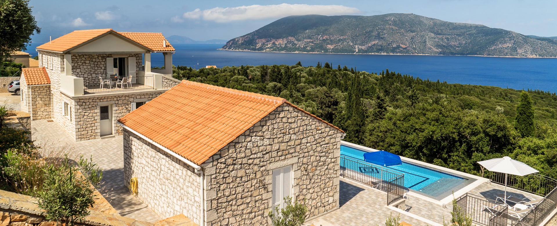 Aerial shot of breathtaking views from rear of villa at Villa Gionis Fiscardo, Kefalonia, Greek Islands