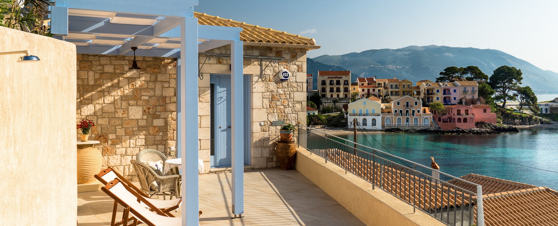 Stunning private terrace with postcard views across the water at Villa Petrino, Assos, Kefalonia, Greek Islands