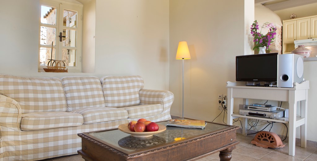 The lounge and sofa area inside Lemoni Cottage, Fiscardo, Kefalonia