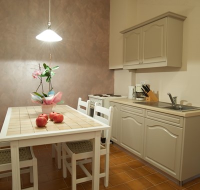 Galley kitchen and dining space inside Magnolia Apartments, Fiscardo, Kefalonia, Greek Islands