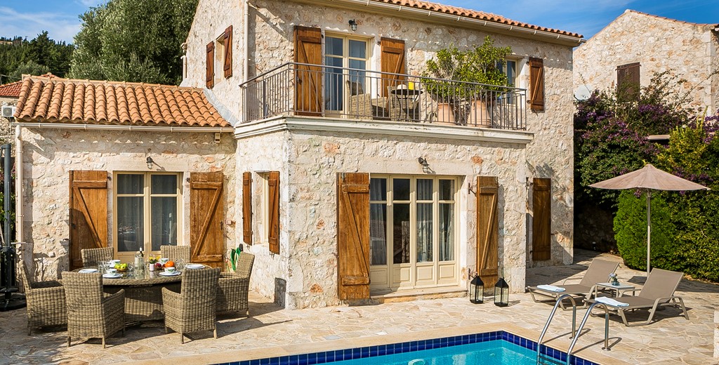 Traditional rustic stone built villa with a balcony and its own pool, Villa Pelagia, Fiscardo, Kefalonia, Greek Islands