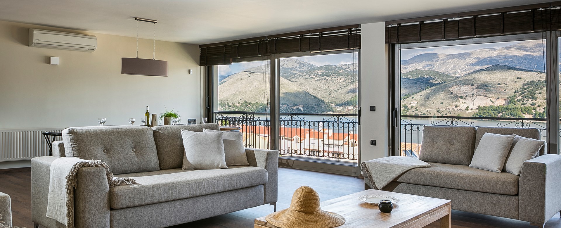 Panoramic views of the bay and surrounding hills inside or out on the balcony of Marina Penthouse Apartment, Argostoli, Kefalonia, Greek Islands