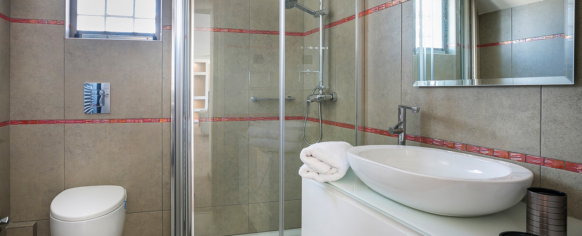 Bathroom with modern fittings and shower inside Marina Penthouse Apartment, Argostoli, Kefalonia, Greek Islands